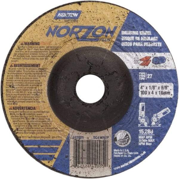 Norton - 24 Grit, 4" Wheel Diam, 1/8" Wheel Thickness, 5/8" Arbor Hole, Type 27 Depressed Center Wheel - Ceramic, 15,280 Max RPM - Apex Tool & Supply
