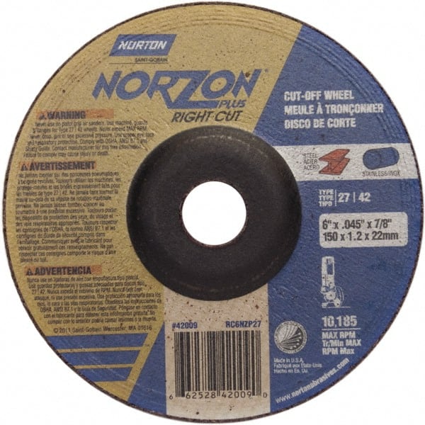 Norton - 46 Grit, 6" Wheel Diam, 7/8" Arbor Hole, Type 27 Depressed Center Wheel - Apex Tool & Supply