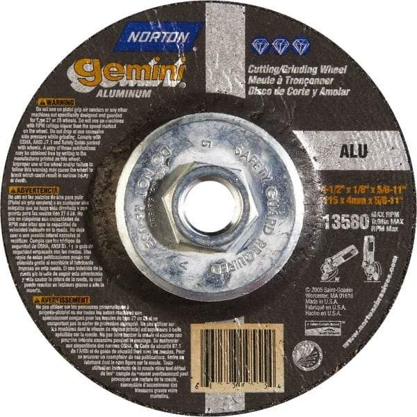 Norton - 24 Grit, 4-1/2" Wheel Diam, 1/8" Wheel Thickness, Type 27 Depressed Center Wheel - Aluminum Oxide, 13,580 Max RPM - Apex Tool & Supply