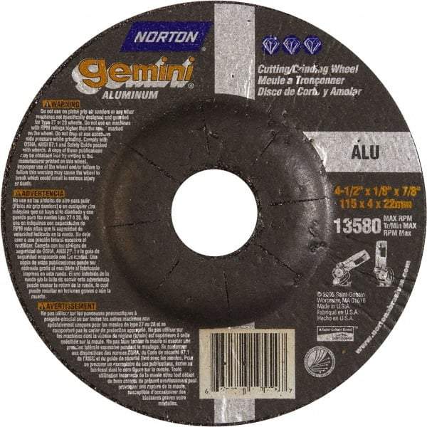 Norton - 24 Grit, 4-1/2" Wheel Diam, 1/8" Wheel Thickness, 7/8" Arbor Hole, Type 27 Depressed Center Wheel - Aluminum Oxide, 13,580 Max RPM - Apex Tool & Supply