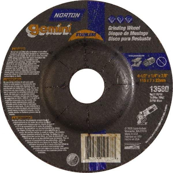 Norton - 24 Grit, 4-1/2" Wheel Diam, 1/4" Wheel Thickness, 7/8" Arbor Hole, Type 27 Depressed Center Wheel - Aluminum Oxide - Apex Tool & Supply