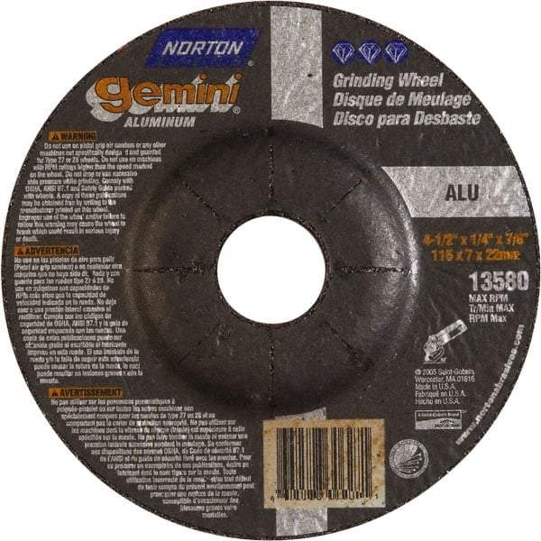 Norton - 24 Grit, 4-1/2" Wheel Diam, 1/4" Wheel Thickness, 7/8" Arbor Hole, Type 27 Depressed Center Wheel - Aluminum Oxide, 13,580 Max RPM - Apex Tool & Supply
