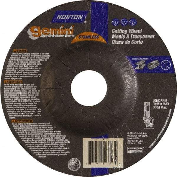 Norton - 36 Grit, 5" Wheel Diam, 3/32" Wheel Thickness, 7/8" Arbor Hole, Type 27 Depressed Center Wheel - Aluminum Oxide - Apex Tool & Supply