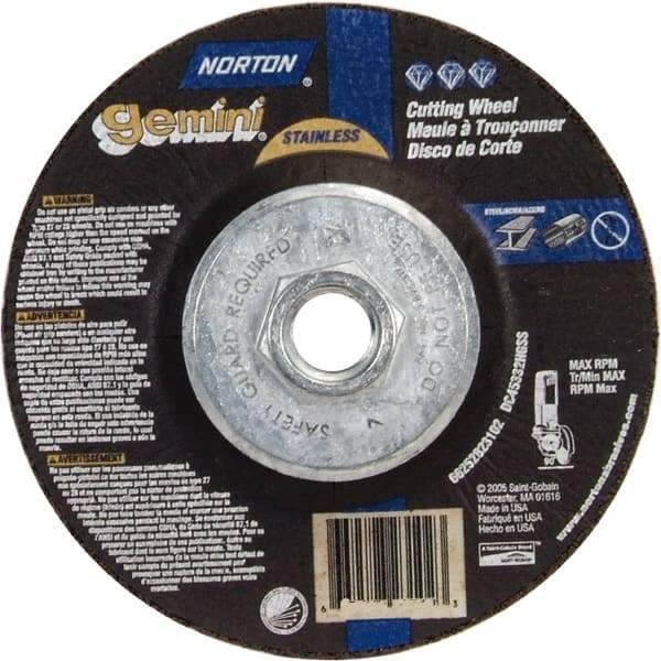 Norton - 36 Grit, 5" Wheel Diam, 3/32" Wheel Thickness, Type 27 Depressed Center Wheel - Aluminum Oxide - Apex Tool & Supply