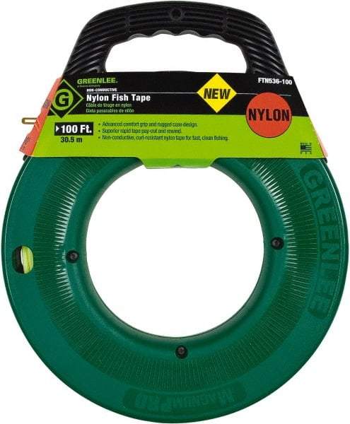 Greenlee - 100 Ft. Long x 3/16 Inch Wide, Nylon Fish Tape - 250 Lb. Pulling Strength, Includes Case - Apex Tool & Supply