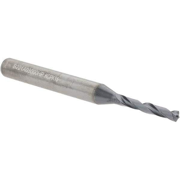 Kennametal - 3mm Spiral Flute Solid Carbide Screw Machine Drill Bit - Multilayer TiAlN Finish, Right Hand Cut, 20mm Flute Length, 62mm OAL, Standard Point, Straight Shank - Apex Tool & Supply