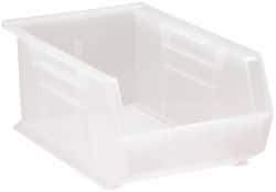 Quantum Storage - 60 Lb. Load Capacity, 13-5/8" Deep, Clear Polypropylene Hopper Stacking Bin - 6" High x 8-1/4" Wide x 13-5/8" Long - Apex Tool & Supply