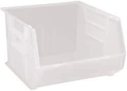 Quantum Storage - 75 Lb. Load Capacity, 18" Deep, Clear Polypropylene Hopper Stacking Bin - 11" High x 16-1/2" Wide x 18" Long - Apex Tool & Supply