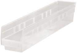 Quantum Storage - 50 Lb. Load Capacity, 23-5/8" Deep, Clear Polypropylene Hopper Shelf Bin - 4" High x 4-1/8" Wide x 23-5/8" Long - Apex Tool & Supply