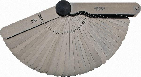 Starrett - 31 Piece, 0.0015 to 0.035" Thick, Parallel Feeler Gage Set - 3-1/32" Leaf Length, 1/2" Wide, Tempered Steel - Apex Tool & Supply