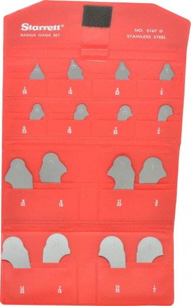 Starrett - 16 Piece, 1/32 to 1/2 Inch Radius, Stainless Steel Radius Gage Set - Satin Chrome Coated - Apex Tool & Supply