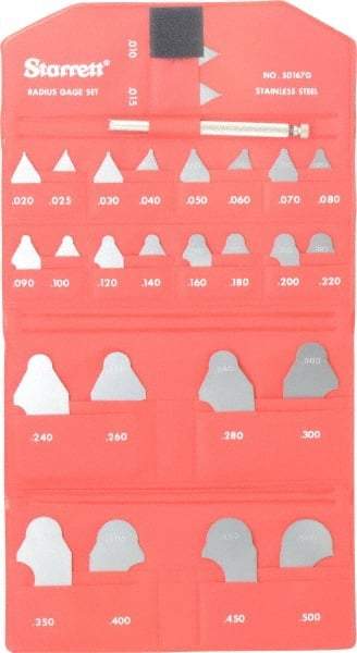 Starrett - 26 Piece, 0.01 to 1/2 Inch Radius, Stainless Steel Radius Gage Set - Satin Chrome Coated - Apex Tool & Supply