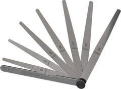 Starrett - 8 Piece, 0.002 to 0.015" Thick, Tapered Feeler Gage Set - 6" Leaf Length, 1/4 to 1/2" (Tapered) Wide, Tempered Steel - Apex Tool & Supply