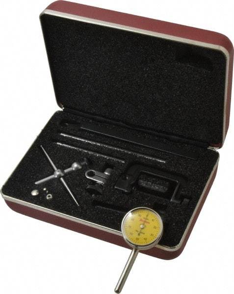 Starrett - 10 Piece, 2.5mm to 5mm Measuring Range, 1-7/16" Dial Diam, 0-100 Dial Reading, Yellow Dial Test Indicator Kit - 0.02mm Dial Graduation - Apex Tool & Supply