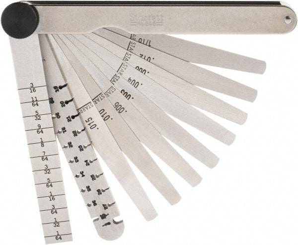 Starrett - 9 Piece, 0.1065 to 0.166" Thick, Tapered Feeler Gage Set - 4-3/4" Leaf Length, 1/4 to 1/2" (Tapered) Wide, Tempered Steel - Apex Tool & Supply