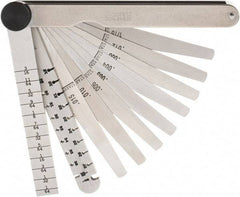 Starrett - 9 Piece, 0.1065 to 0.166" Thick, Tapered Feeler Gage Set - 4-3/4" Leaf Length, 1/4 to 1/2" (Tapered) Wide, Tempered Steel - Apex Tool & Supply
