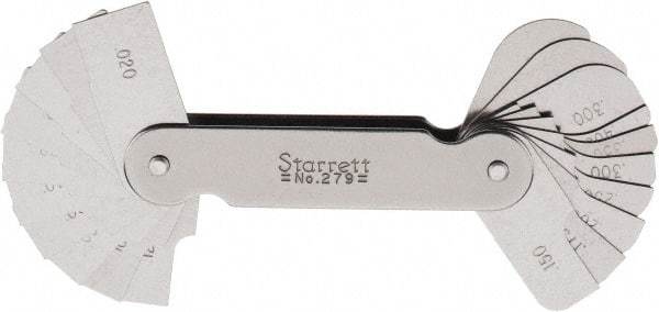 Starrett - 1 (20 Leaves) Piece, 0.02 to 0.4 Inch Radius, Radius Gage Set - Apex Tool & Supply