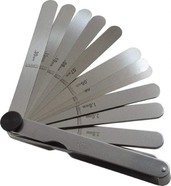 Starrett - 13 Piece, 0.04 to 5mm Parallel Feeler Gage Set - 4-1/2" Long x 1/2" Wide, Tempered Steel - Apex Tool & Supply