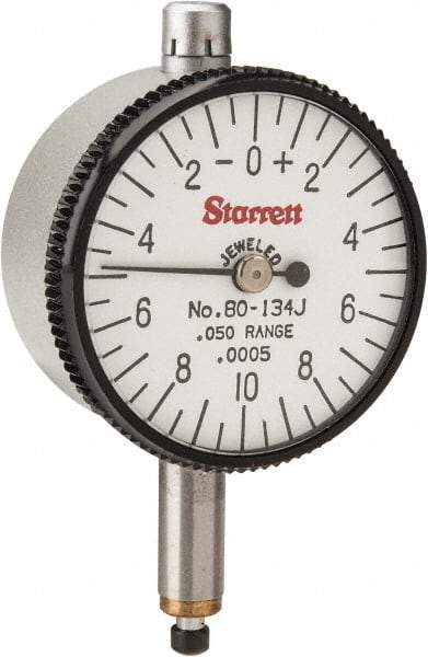 Starrett - 0.05" Range, 0-10-0 Dial Reading, 0.0005" Graduation Dial Drop Indicator - 1-1/4" Dial, 0.02" Range per Revolution - Apex Tool & Supply