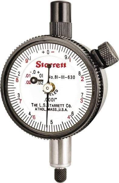 Starrett - 0.025" Range, 0-10 (Continuous), 0-5-0 (Balanced) Dial Reading, 0.0001" Graduation Dial Drop Indicator - 1-11/16" Dial, 0.01" Range per Revolution, Revolution Counter - Apex Tool & Supply