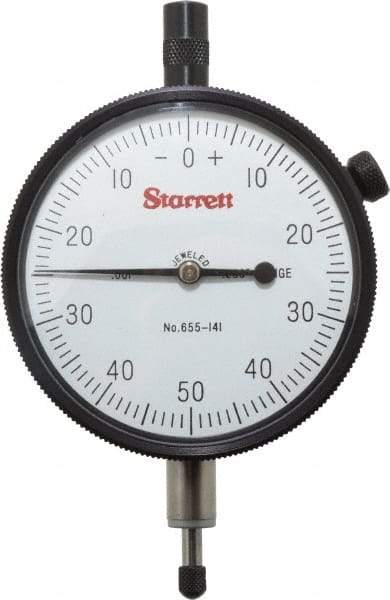 Starrett - 1/4" Range, 0-50-0 Dial Reading, 0.001" Graduation Dial Drop Indicator - 2-3/4" Dial, 0.1" Range per Revolution - Apex Tool & Supply