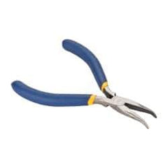 Irwin - 5" OAL, 1-1/4" Jaw Length x 9/16" Jaw Width, Long Nose Needle Nose Pliers - Serrated Jaw, Curved Head, Dipped Vinyl Handles, with Spring - Apex Tool & Supply
