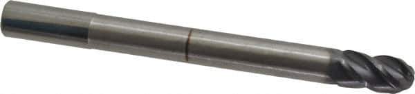 Accupro - 12mm Diam, 22mm LOC, 4 Flute Solid Carbide Ball End Mill - AlTiN Finish, Single End, 130mm OAL, 12mm Shank Diam, Spiral Flute - Apex Tool & Supply