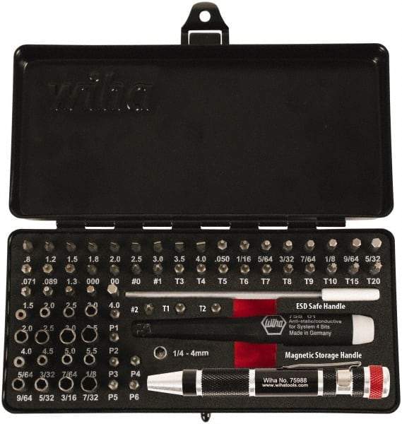 Wiha - 65 Piece, 4mm Drive Screwdriver Micro Bit Set - 0.7 to 4mm Hex, T3 to T20 Torx, 0.8, 1.2, 1.5, 1.8, 2, 2.5, 3, 3.5 & 4mm Slotted - Apex Tool & Supply