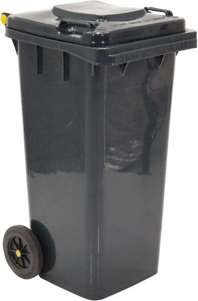 Vestil - 32 Gal Gray Square Trash Can - Polyethylene, None Graphic, 38" High x 21-13/16" Long x 18-3/4" Wide, Lid Included - Apex Tool & Supply