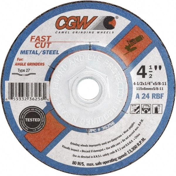 Camel Grinding Wheels - 24 Grit, 5" Wheel Diam, 1/4" Wheel Thickness, Type 27 Depressed Center Wheel - Coarse Grade, Aluminum Oxide, Resinoid Bond, 12,250 Max RPM - Apex Tool & Supply