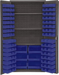 Durham - 3 Shelf 102 Bin Storage Cabinet - Steel, 36" Wide x 24" Deep x 72" High, Blue - Apex Tool & Supply