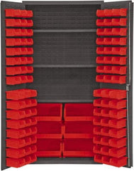 Durham - 3 Shelf 102 Bin Storage Cabinet - Steel, 36" Wide x 24" Deep x 72" High, Red - Apex Tool & Supply