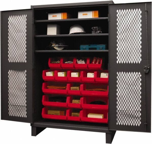 Durham - 3 Shelf 18 Bin Storage Cabinet - Steel, 48" Wide x 24" Deep x 78" High, Red - Apex Tool & Supply