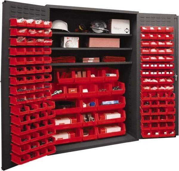 Durham - 3 Shelf 138 Bin Storage Cabinet - Steel, 48" Wide x 24" Deep x 72" High, Red - Apex Tool & Supply