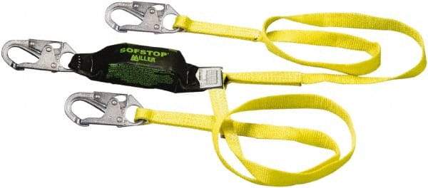 Miller - 6' Long, 310 Lb Capacity, 2 Leg Locking Snap Hook Harness Shock Absorbing Lanyard - 1-1/2" Diam, Polyester Webbing, Locking Snap Hook Anchorage Connection - Apex Tool & Supply