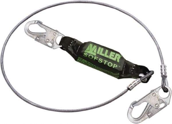 Miller - 6' Long, 310 Lb Capacity, 1 Leg Locking Snap Hook Harness Shock Absorbing Lanyard - 1-1/2" Diam, Vinyl Coated Wire Rope, Locking Snap Hook Anchorage Connection - Apex Tool & Supply