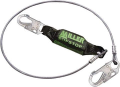 Miller - 6' Long, 310 Lb Capacity, 1 Leg Locking Snap Hook Harness Shock Absorbing Lanyard - 1-1/2" Diam, Vinyl Coated Wire Rope, Locking Snap Hook Anchorage Connection - Apex Tool & Supply