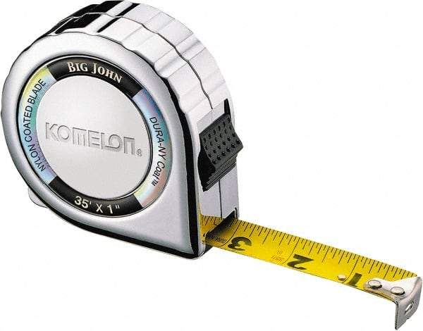 Komelon - 35' x 1" Yellow Steel Blade Tape Measure - 1/16" Graduation, Inch Graduation Style, Chrome Metal Case - Apex Tool & Supply