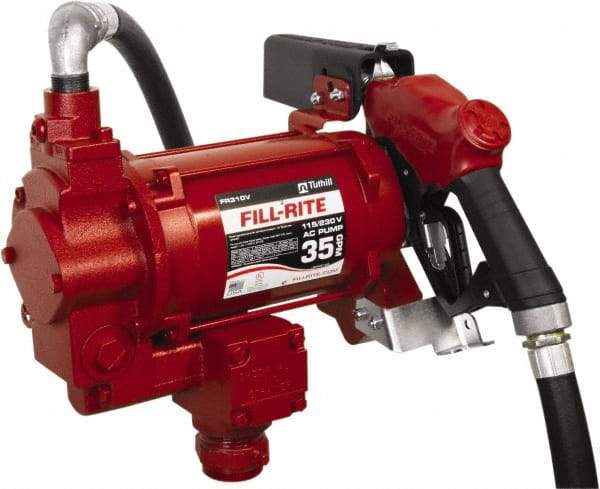 Tuthill - 35 GPM, 1" Hose Diam, Gasoline, Kerosene & Diesel Fuel AC High Flow Tank Pump with Auto Nozzle - Cast Iron Pump, 1-1/4" Inlet, 1" Outlet, 115/230 Volts, 18' Hose Length, 3/4 hp - Apex Tool & Supply