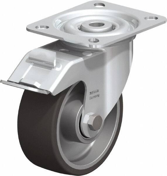 Blickle - 4" Diam x 1-9/16" Wide x 4-59/64" OAH Top Plate Mount Swivel Caster with Brake - Polyurethane-Elastomer, 220 Lb Capacity, Ball Bearing, 3-15/16 x 3-3/8" Plate - Apex Tool & Supply