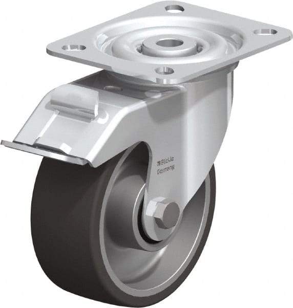 Blickle - 4" Diam x 1-9/16" Wide x 4-59/64" OAH Top Plate Mount Swivel Caster with Brake - Polyurethane-Elastomer, 220 Lb Capacity, Plain Bore Bearing, 3-15/16 x 3-3/8" Plate - Apex Tool & Supply