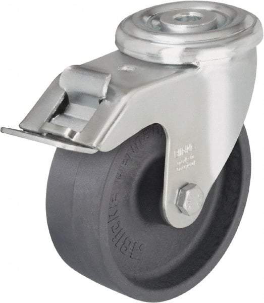 Blickle - 5" Diam x 1-3/16" Wide x 5-7/8" OAH Hollow Kingpin Mount Swivel Caster with Brake - Heat-Resistant Nylon, 330 Lb Capacity, Plain Bore Bearing, Hollow Kingpin Stem - Apex Tool & Supply