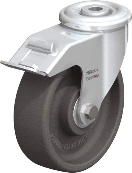 Blickle - 5" Diam x 1-3/16" Wide x 5-7/8" OAH Hollow Kingpin Mount Swivel Caster with Brake - Heat-Resistant Nylon, 330 Lb Capacity, Ball Bearing, Hollow Kingpin Stem - Apex Tool & Supply