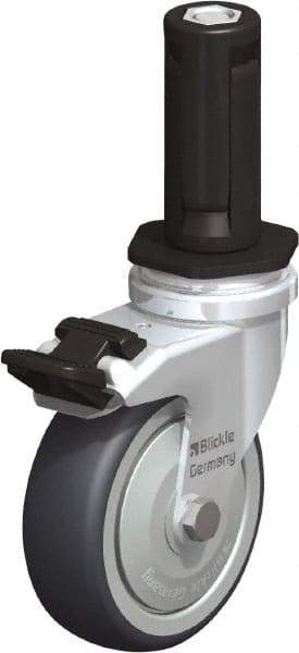 Blickle - 3" Diam x 63/64" Wide x 4" OAH Stem Mount Swivel Caster with Brake - Rubber Elastomer (TPE), 165 Lb Capacity, Ball Bearing, Round Stem - Apex Tool & Supply