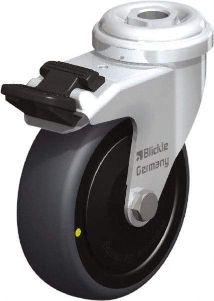 Blickle - 3" Diam x 63/64" Wide x 3-27/32" OAH Hollow Kingpin Mount Swivel Caster with Brake - Rubber Elastomer (TPE), 110 Lb Capacity, Ball Bearing, Hollow Kingpin Stem - Apex Tool & Supply