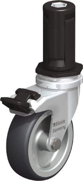 Blickle - 3" Diam x 63/64" Wide x 4" OAH Stem Mount Swivel Caster with Brake - Rubber Elastomer (TPE), 165 Lb Capacity, Plain Bore Bearing, Round Stem - Apex Tool & Supply