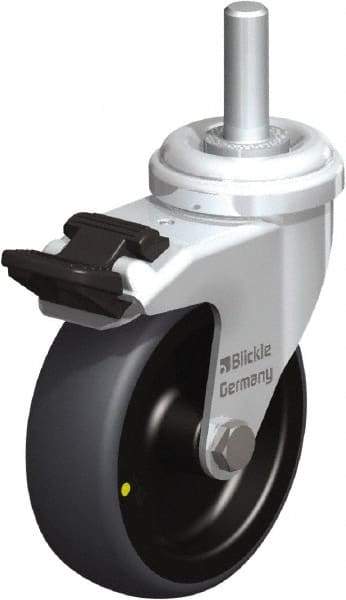 Blickle - 3" Diam x 63/64" Wide x 3-27/32" OAH Stem Mount Swivel Caster with Brake - Rubber Elastomer (TPE), 110 Lb Capacity, Plain Bore Bearing, 3/8 x 1-13/16" Threaded Stem - Apex Tool & Supply