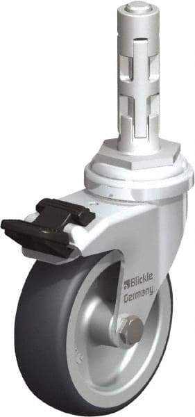 Blickle - 3" Diam x 63/64" Wide x 4" OAH Metal Expander Mount Swivel Caster with Brake - Rubber Elastomer (TPE), 165 Lb Capacity, Plain Bore Bearing, Metal Expander Stem - Apex Tool & Supply