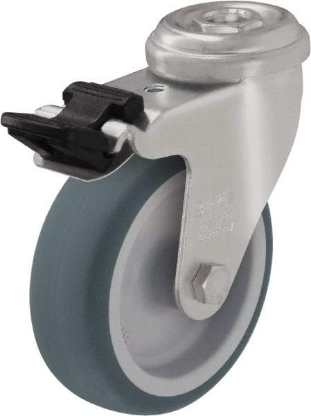 Blickle - 4" Diam x 63/64" Wide x 4-49/64" OAH Hollow Kingpin Mount Swivel Caster with Brake - Rubber Elastomer (TPE), 154 Lb Capacity, Plain Bore Bearing, Hollow Kingpin Stem - Apex Tool & Supply