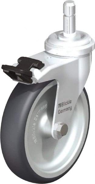 Blickle - 4" Diam x 63/64" Wide x 4-49/64" OAH Stem Mount Swivel Caster with Brake - Rubber Elastomer (TPE), 154 Lb Capacity, Plain Bore Bearing, Friction Stem - Apex Tool & Supply